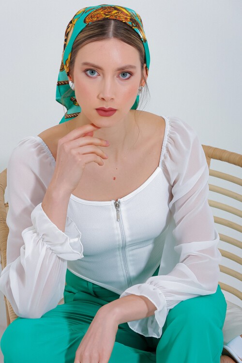 Merterium Kadın Beyaz Şifon Önü Fermuarlı Bluz 0496