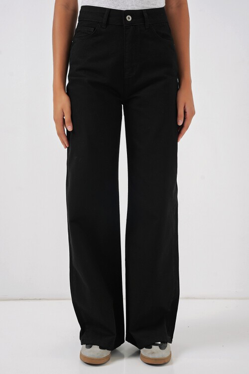 Merterium Kadın Bol Paça Yüksek Bel Palazzo Kot Pantolon 6656 - Siyah