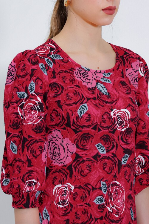 Merterium Kadın Bordo Gül Desenli Midi Elbise 2477