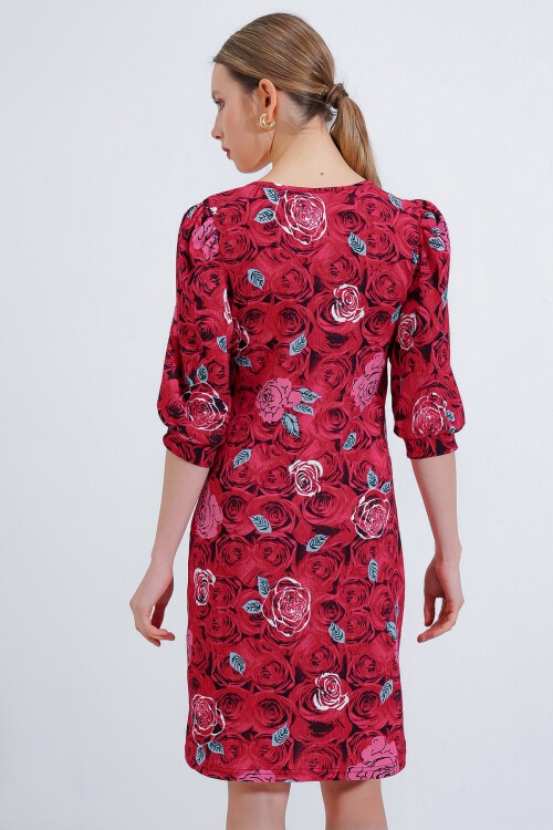 Merterium Kadın Bordo Gül Desenli Midi Elbise 2477