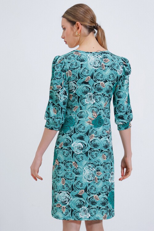 Merterium Kadın Çağla Gül Desenli Midi Elbise 2477