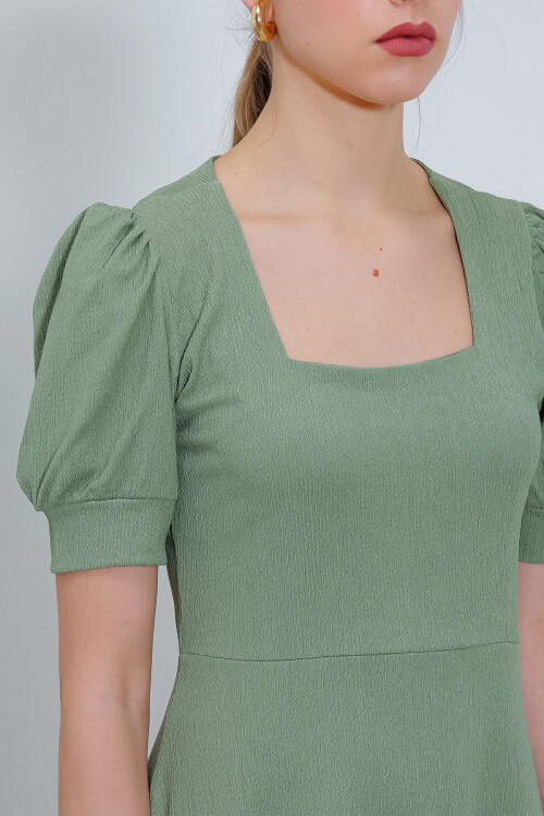 Merterium Kadın Çağla Yeşili Kare Yaka Örme Mini Elbise