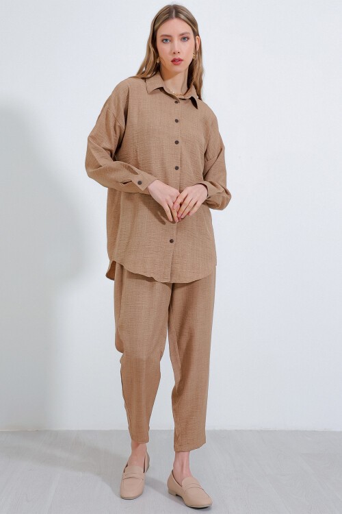 Merterium Kadın Camel Oversize Keten Alt Üst Takım 6622