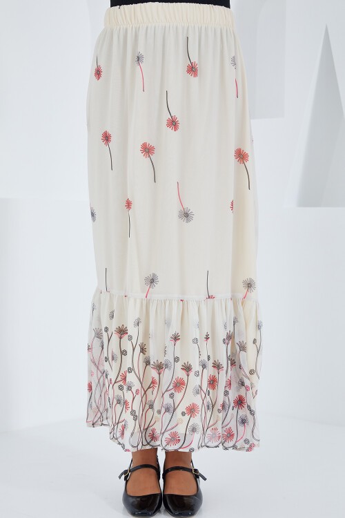 Merterium Kadın Ekru Desenli Şifon Etek 8010