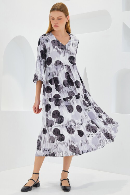 Merterium Kadın Gri Siyah Desenli Kısa Kol Viskon Elbise 1959