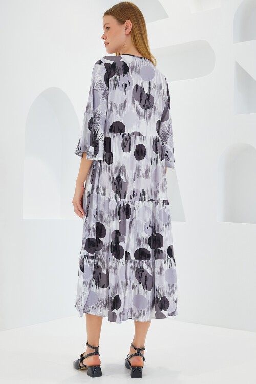 Merterium Kadın Gri Siyah Desenli Kısa Kol Viskon Elbise 1959