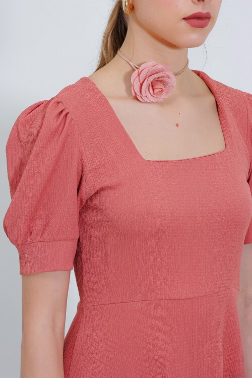 Merterium Kadın Gül Kurusu Kare Yaka Örme Mini Elbise