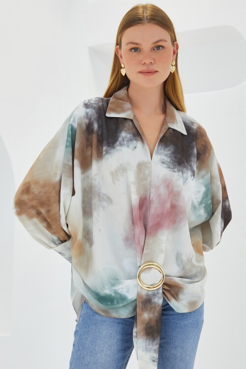 Merterium Kadın Hardal Ekru Oversize Dökümlü Saten Gömlek 907