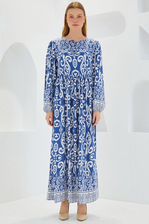 Merterium Kadın İndigo Ekru Desenli Uzun Viskon Elbise 1947
