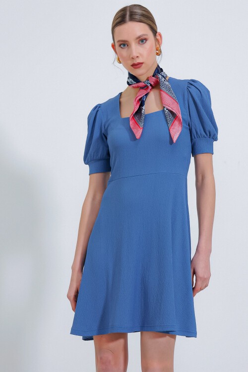 Merterium Kadın İndigo Kare Yaka Örme Mini Elbise