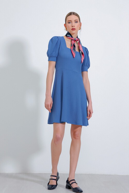 Merterium Kadın İndigo Kare Yaka Örme Mini Elbise