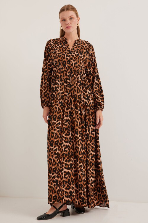 Merterium Kadın Kahverengi Bej Viskon Tesettür Elbise 2423