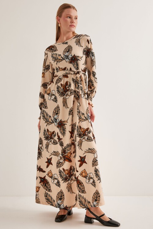 Merterium Kadın Kahverengi Krem Desenli Örme Tesettür Elbise 1525