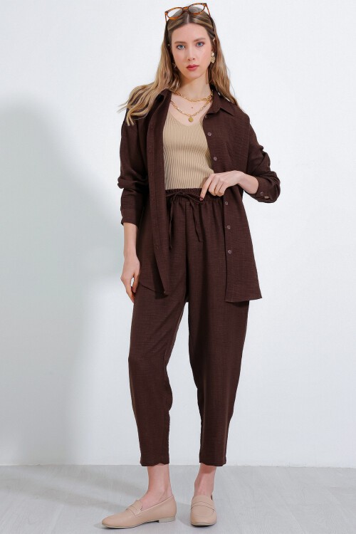 Merterium Kadın Kahverengi Oversize Keten Alt Üst Takım 6622