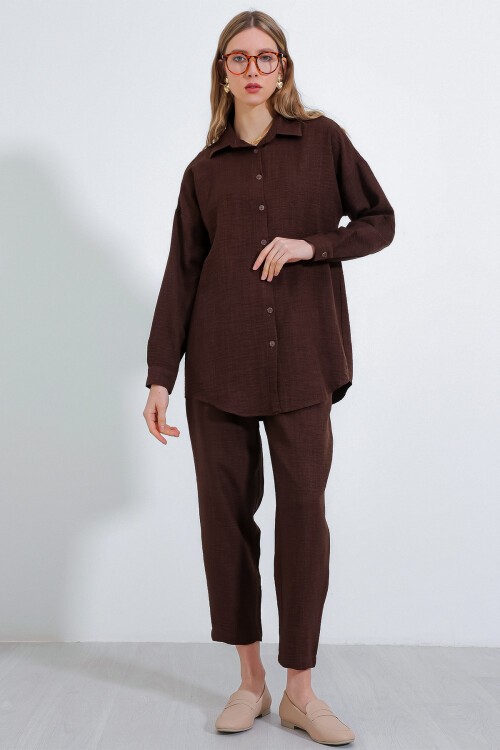 Merterium Kadın Kahverengi Oversize Keten Alt Üst Takım 6622
