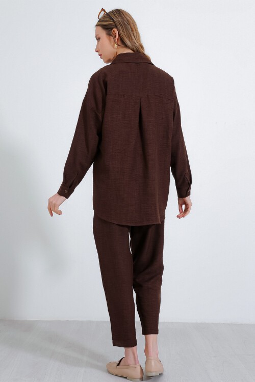 Merterium Kadın Kahverengi Oversize Keten Alt Üst Takım 6622