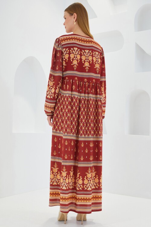 Merterium Kadın Kiremit Bej Desenli Uzun Viskon Elbise 1947