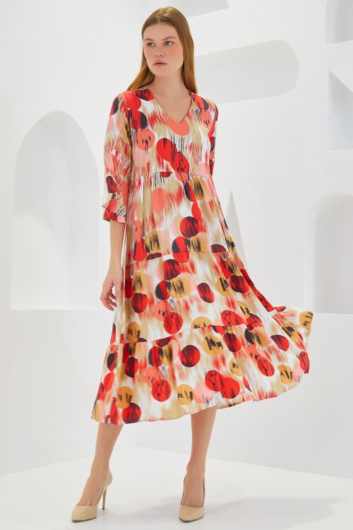 Merterium Kadın Kiremit Ekru Desenli Kısa Kol Viskon Elbise 1959