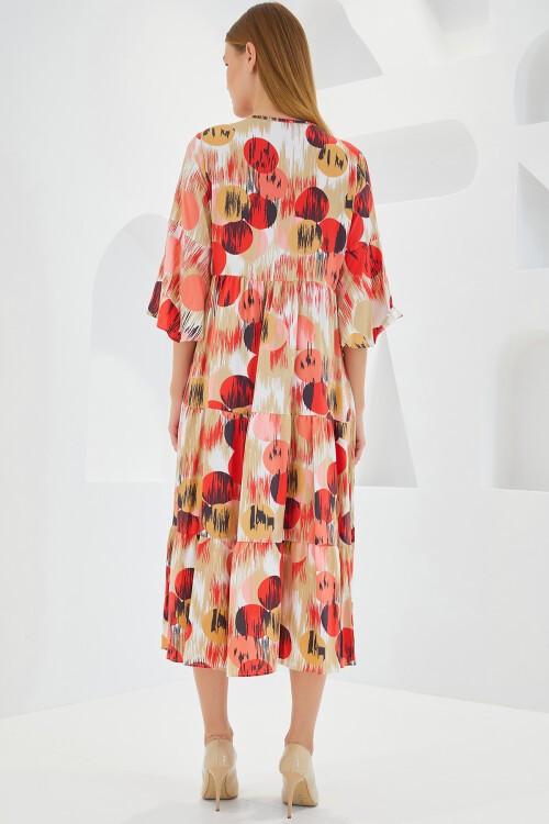 Merterium Kadın Kiremit Ekru Desenli Kısa Kol Viskon Elbise 1959