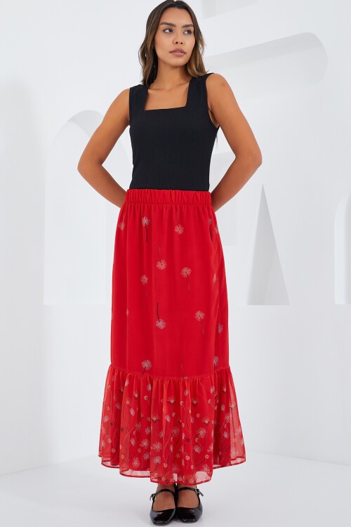 Merterium Kadın Kırmızı Desenli Şifon Etek 8010