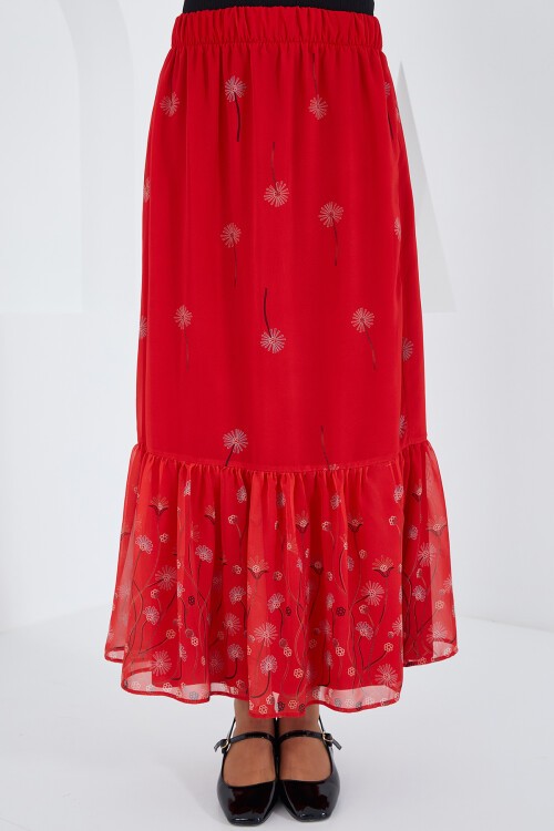 Merterium Kadın Kırmızı Desenli Şifon Etek 8010