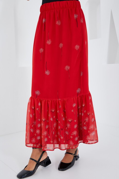 Merterium Kadın Kırmızı Desenli Şifon Etek 8010