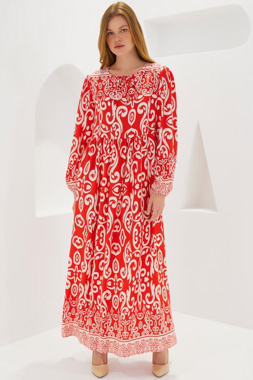 Merterium Kadın Kırmızı Desenli Uzun Viskon Elbise 1947