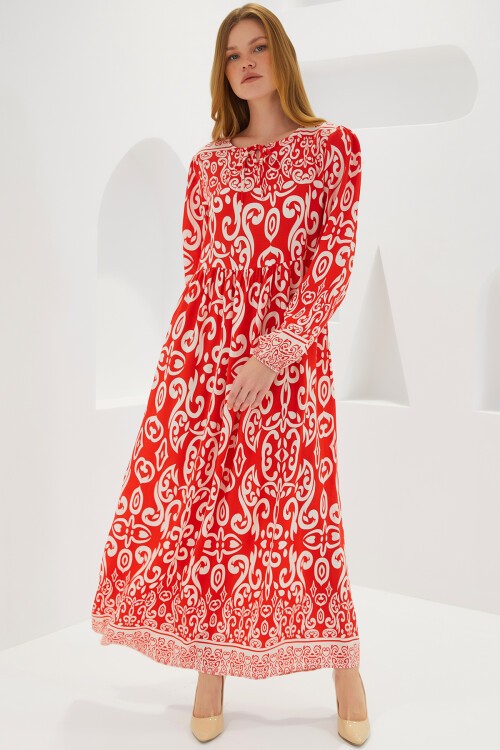 Merterium Kadın Kırmızı Desenli Uzun Viskon Elbise 1947