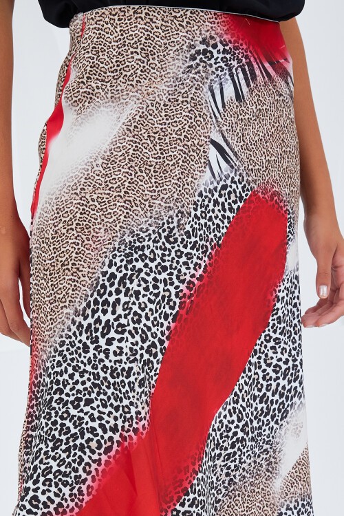Merterium Kadın Kırmızı Siyah Desenli Saten Etek 15806