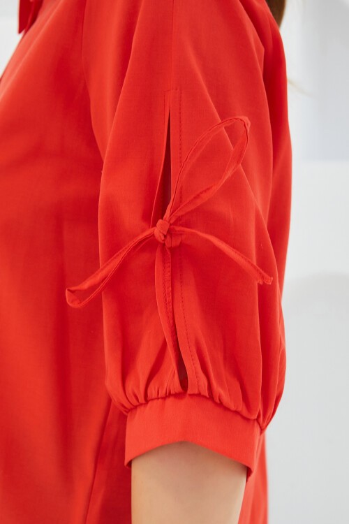 Merterium Kadın Kol Detaylı Kırmızı Crop Gömlek 20246