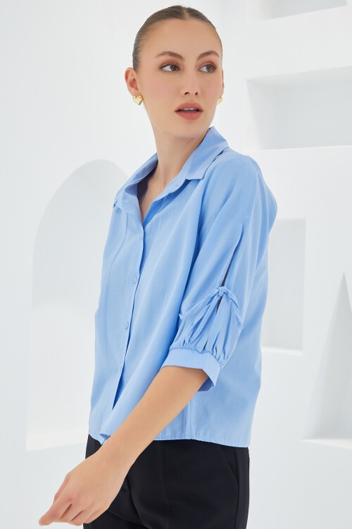 Merterium Kadın Kol Detaylı Mavi Crop Gömlek 20246