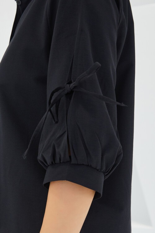 Merterium Kadın Kol Detaylı Siyah Crop Gömlek 20246