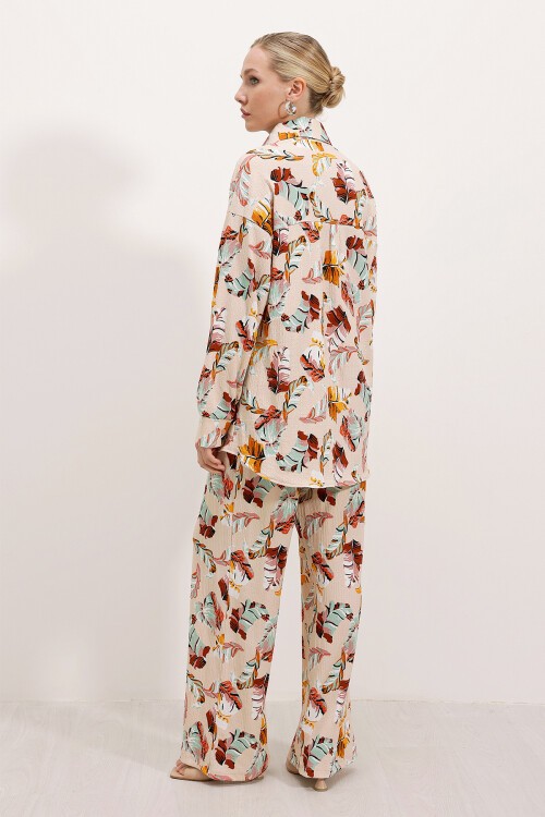 Merterium Kadın Krem Desenli Örme İkili Takım 5858