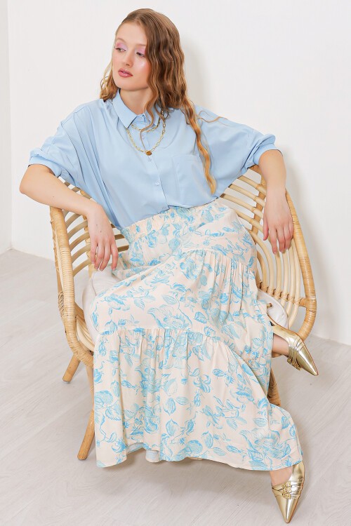 Merterium Kadın Krem Mavi Desenli Uzun Viskon Etek 1898