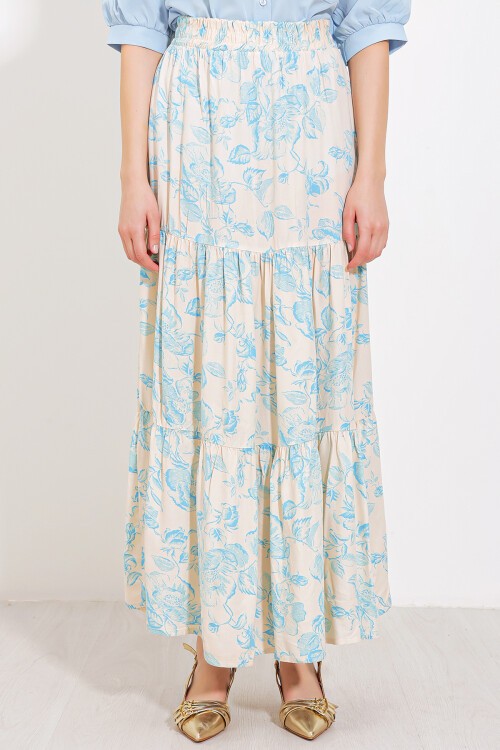 Merterium Kadın Krem Mavi Desenli Uzun Viskon Etek 1898