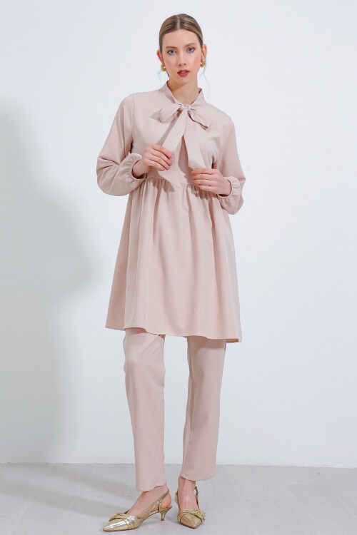 Merterium Kadın Krem Örme Pantolon Tunik Alt Üst Takım 6654