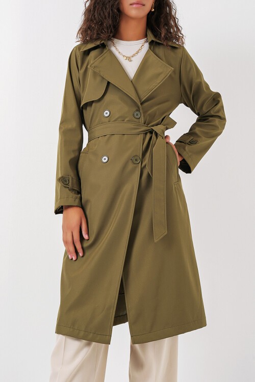 Merterium Kadın Kruvaze Yaka Kuşaklı Trençkot - Haki