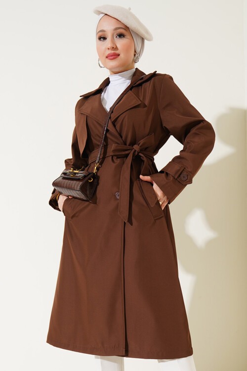 Merterium Kadın Kruvaze Yaka Kuşaklı Trençkot - Kahverengi