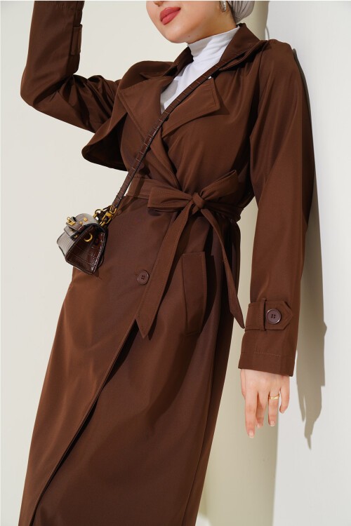 Merterium Kadın Kruvaze Yaka Kuşaklı Trençkot - Kahverengi