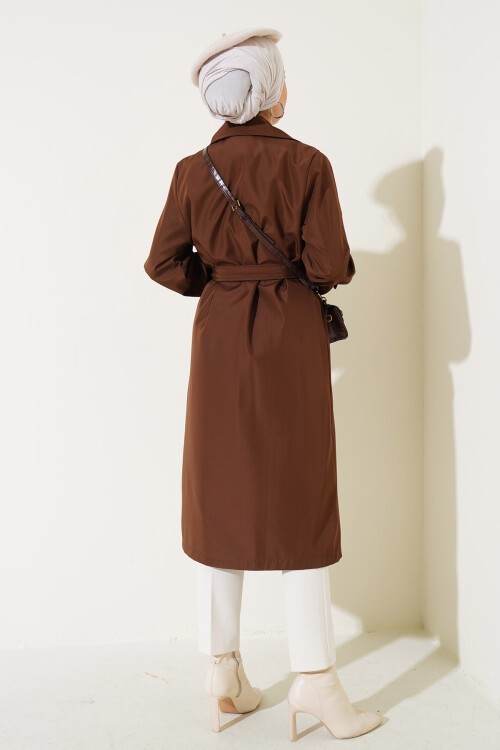 Merterium Kadın Kruvaze Yaka Kuşaklı Trençkot - Kahverengi