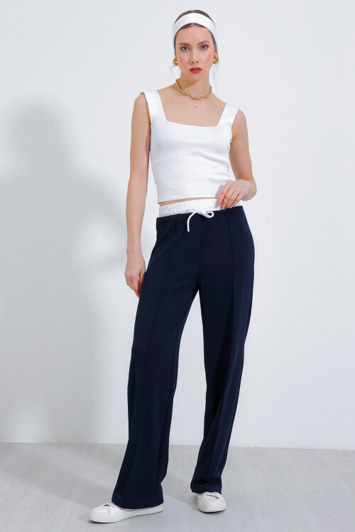 Merterium Kadın Lacivert Bol Paça Çımalı Pantolon 6662