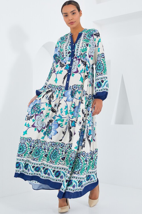 Merterium Kadın Lacivert Yeşil Viskon Tesettür Elbise 2423