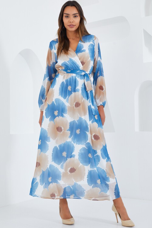 Merterium Kadın Mavi Bej Çiçek Desenli Şifon Elbise 2134