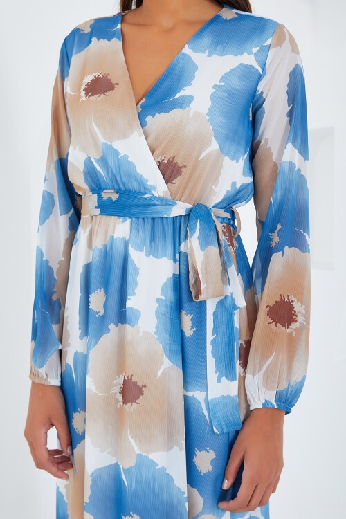 Merterium Kadın Mavi Bej Çiçek Desenli Şifon Elbise 2134