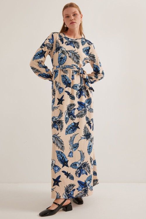 Merterium Kadın Mavi Krem Desenli Örme Tesettür Elbise 1525