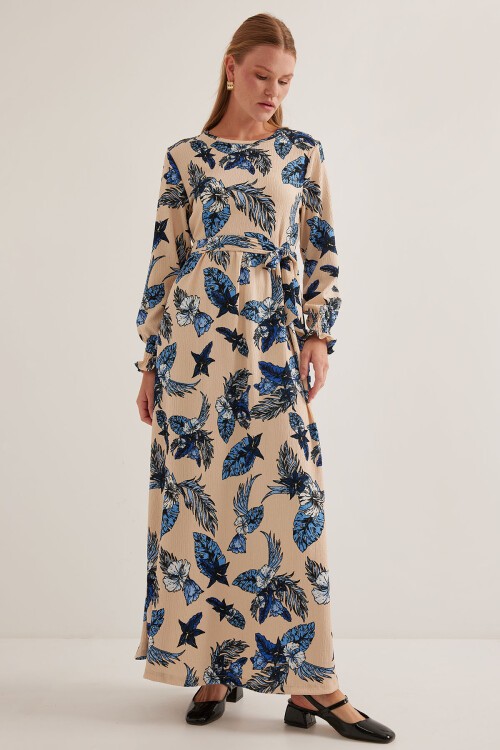 Merterium Kadın Mavi Krem Desenli Örme Tesettür Elbise 1525