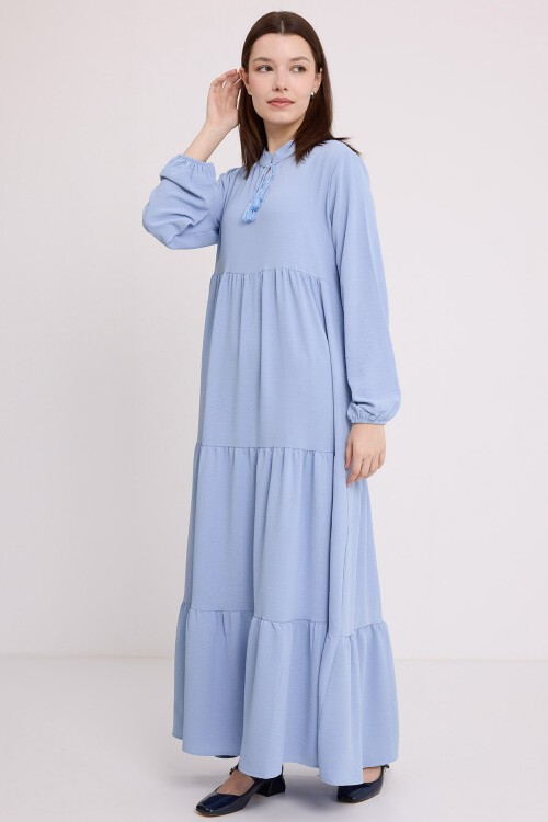Merterium Kadın Mavi Yaka Bağcıklı Viskon Boydan Tesettür Elbise 1627