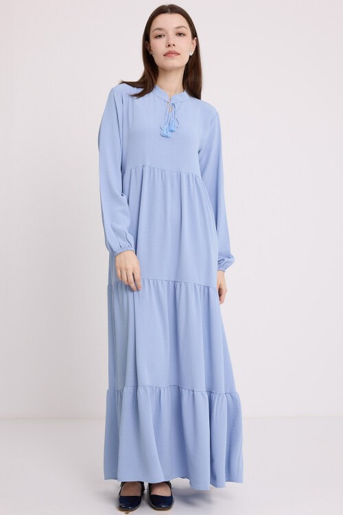 Merterium Kadın Mavi Yaka Bağcıklı Viskon Boydan Tesettür Elbise 1627