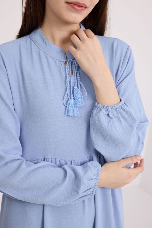 Merterium Kadın Mavi Yaka Bağcıklı Viskon Boydan Tesettür Elbise 1627