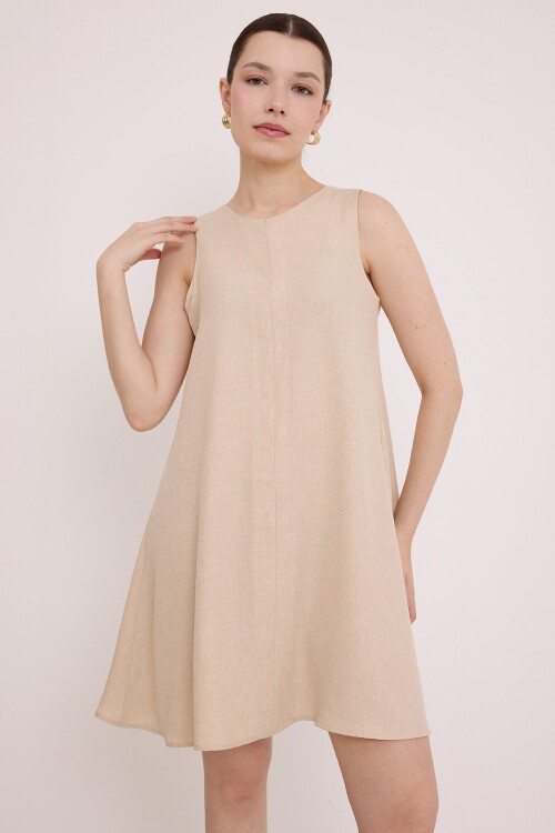 Merterium Kadın Mini Keten Elbise - Bej